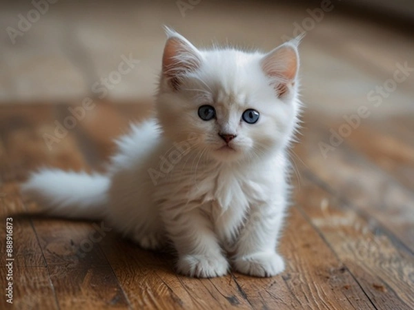 Obraz Cute,fluffy and beautiful white kitten with black on the floor. This image is ai generated