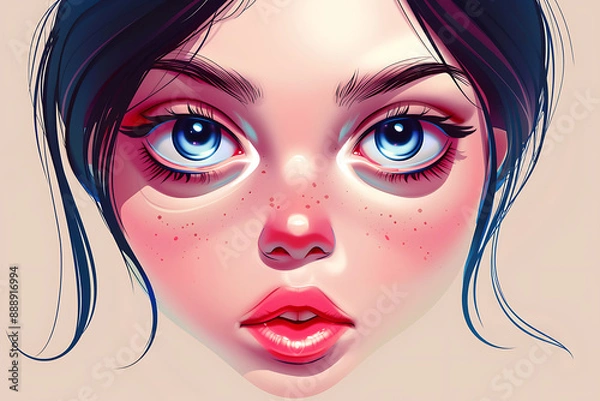Obraz Cartoon style illustration of a girl's face, featuring expressive features and playful colors, capturing a fun and whimsical design