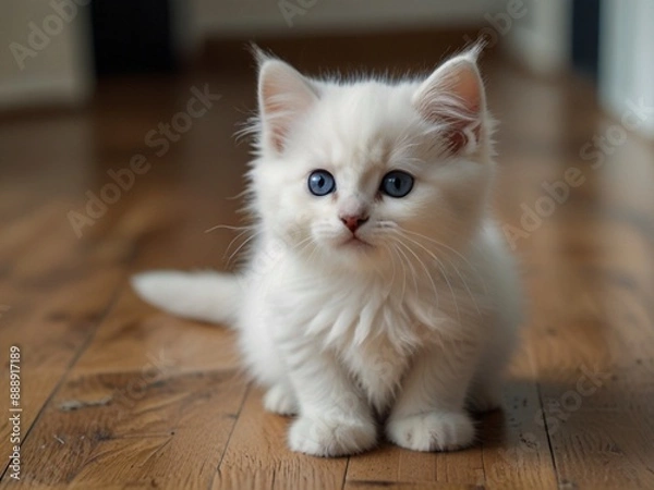Obraz Cute,fluffy and beautiful white kitten with black on the floor. This image is ai generated
