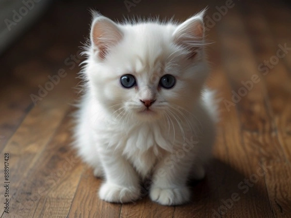 Obraz Cute,fluffy and beautiful white kitten with black on the floor. This image is ai generated