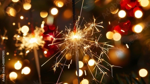 Fototapeta Sylvester New Year, New Year's Eve 2025 party event celebration holiday greeting card - Closeup of sparkling sparklers and bokeh lights in the background