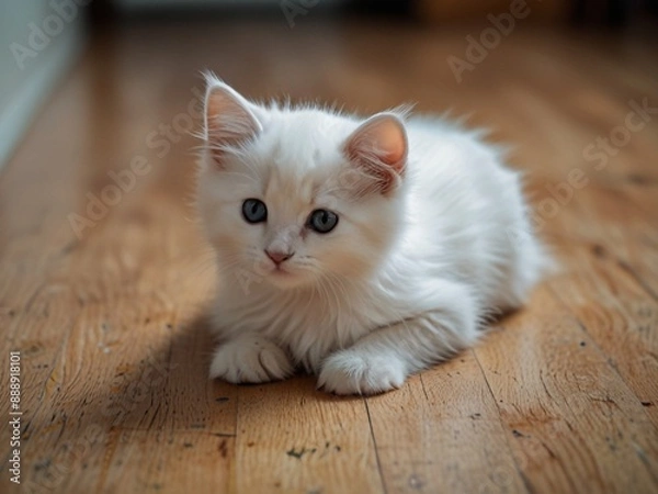 Obraz Cute,fluffy and beautiful white kitten with black on the floor. This image is ai generated