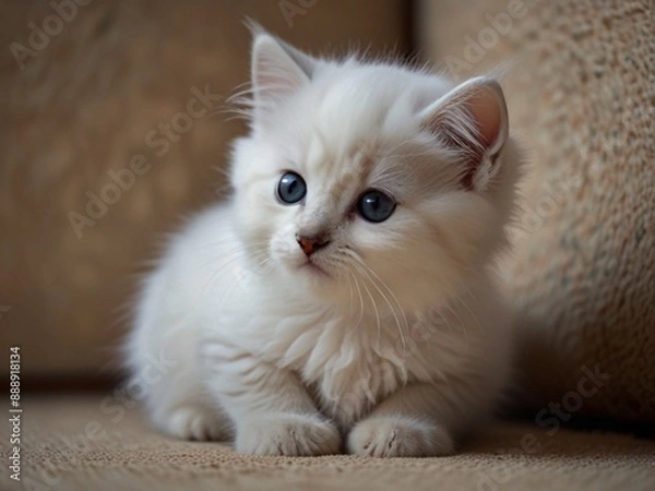 Obraz Cute,fluffy and beautiful white kitten with black on the floor. This image is ai generated