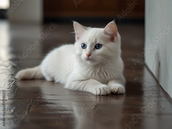 Obraz Cute,fluffy and beautiful white kitten with black on the floor. This image is ai generated