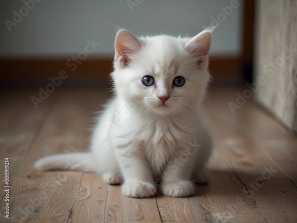 Obraz Cute,fluffy and beautiful white kitten with black on the floor. This image is ai generated