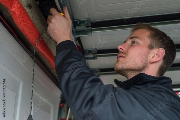 Fototapeta Garage door repairman inspecting a garage door spring with focused attention. Ideal for repair services and maintenance stock photos.