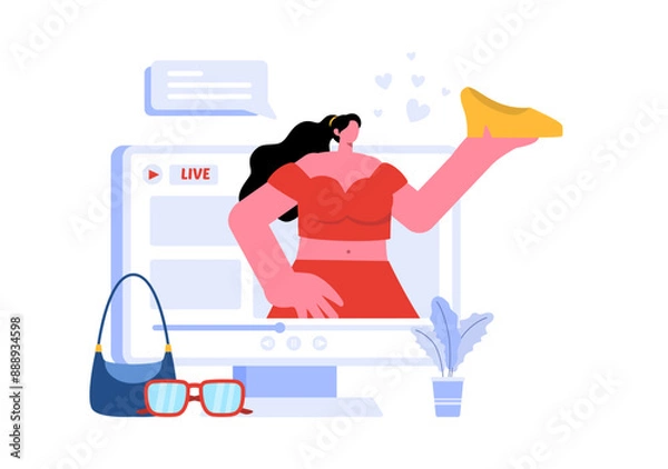 Fototapeta Vector Illustration for a Fashion Blog with Bloggers Reviewing Videos of Fashionable Clothing Trends, Featuring an Online Runway in a Flat Background