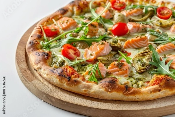 Fototapeta Salmon Pizza with Salmon, Seafood Flatbread with Pickled Artichokes, Arugula, Cherry Tomatoes