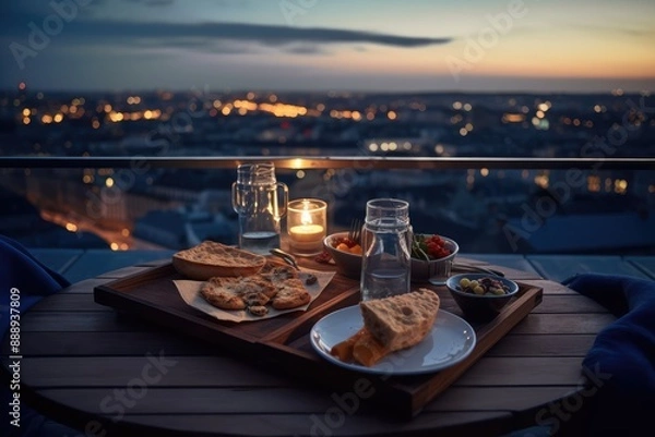 Fototapeta Served Dinner Table on Roof Terrace, Evening Food with Wine, Romantic Candles, Old Town View