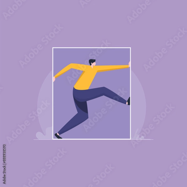 Fototapeta Young person trying to escape from comfort zone, Businessman pushing to break the boundary box