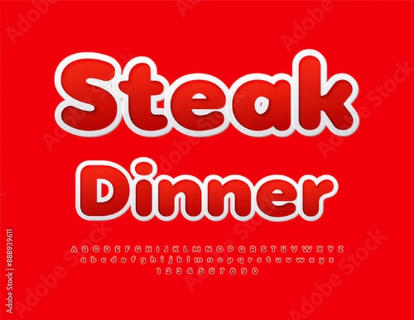 Fototapeta Vector creative banner Steak Dinner. Red Sticker Font. Modern Alphabet Letters and Numbers.