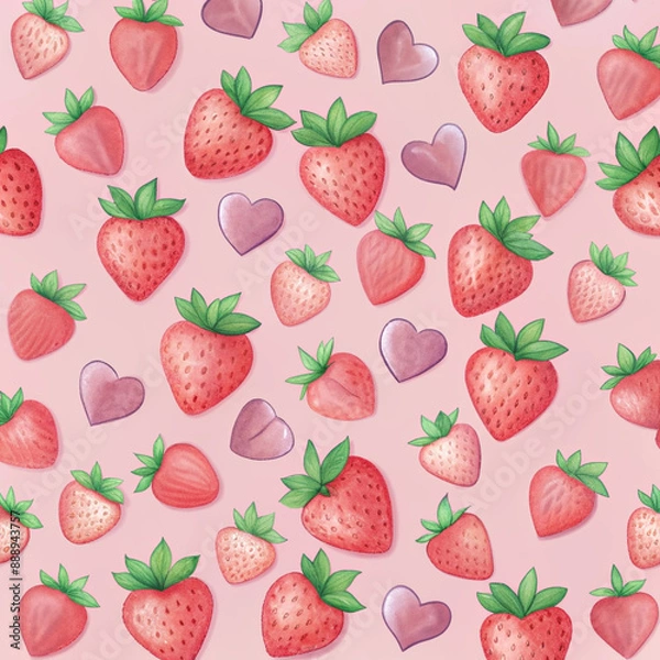 Fototapeta Lively template with watercolor illustrations of heart-shaped strawberries, leaves and hearts, creating a fresh, full of bright colors background with a summer theme