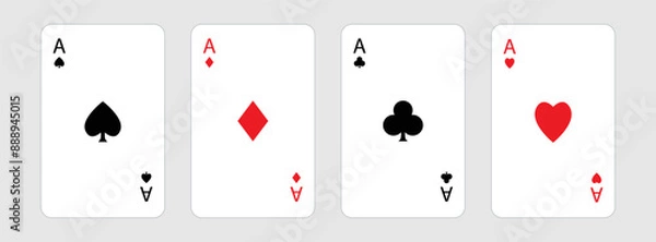 Fototapeta Playing card set. Four aces icon. Poker cards suits. Hearts, clubs, diamonds, spades ace. Winning poker hand. Las Vegas Casino gambling concept. Simple flat design. White background. Isolated. Vector