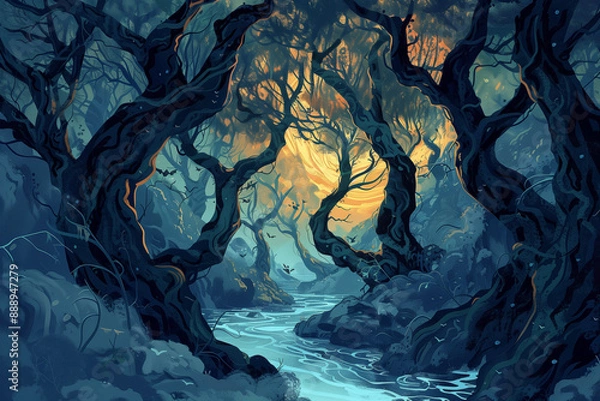 Fototapeta Mystical Forest Scene with Gnarled Trees and Flowing River at Dawn or Dusk, Contrasting Colors for Fantasy or Adventure Themes.