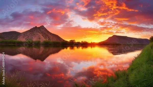 Fototapeta The sun's descent transforms the sky into a canvas of liquid gold, casting a magical glow over the land.
