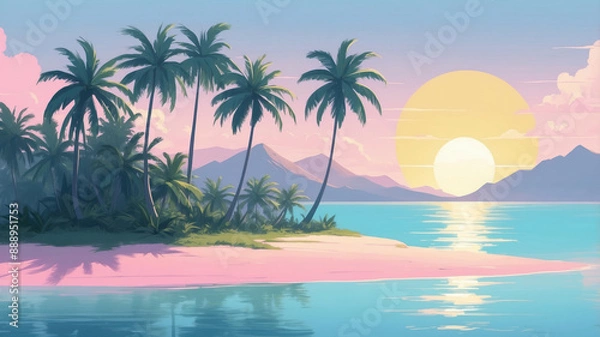 Fototapeta A scenic view of a tropical island with palm trees, a sandy beach, and a large, glowing sun setting over the horizon