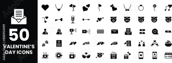 Obraz 50 Valentine's Day Icons - Fill Love Icons, Romance, Emotions, Coffee Date, Texting, Love Letters and Heart Icon Set for Digital and Print Use