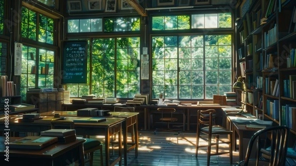 Fototapeta An old Japanese classroom with windows and tables, shelves with books, aesthetic green nature, anime inspired artwork