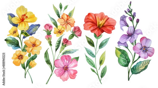 Fototapeta Discover the elegance of watercolor flowers and leaves in this stunning floral illustration set. Perfect for digital art enthusiasts, home decor, and seasonal decorations with a transparent background
