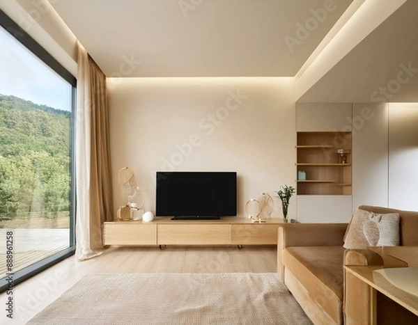 Fototapeta Leerer Bildschirm auf einem Smart-TV, der in einem stilvollen Wohnzimmer montiert ist.