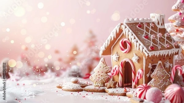Obraz A festive gingerbread house decorated with candy and icing, set against a soft pink background.