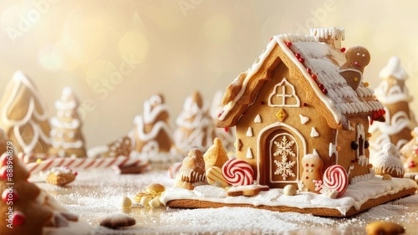 Fototapeta  Festive gingerbread house with candy decorations on a light background, evoking holiday cheer.