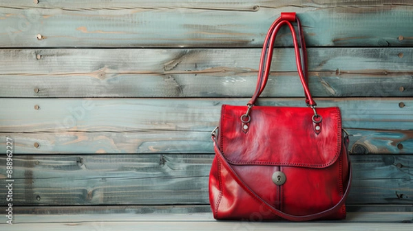 Fototapeta Women's bag in red genuine leather on a grey painted wooden background.