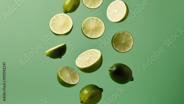 Fototapeta Falling Fresh lime half slice on plain black background