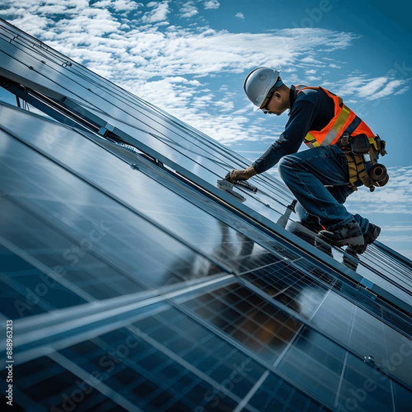 Fototapeta A handyman installing solar panels on the rooftop. Solar power engineer installing solar panels, on the roof, electrical technician at work, alternative renewable green energy generation concept	