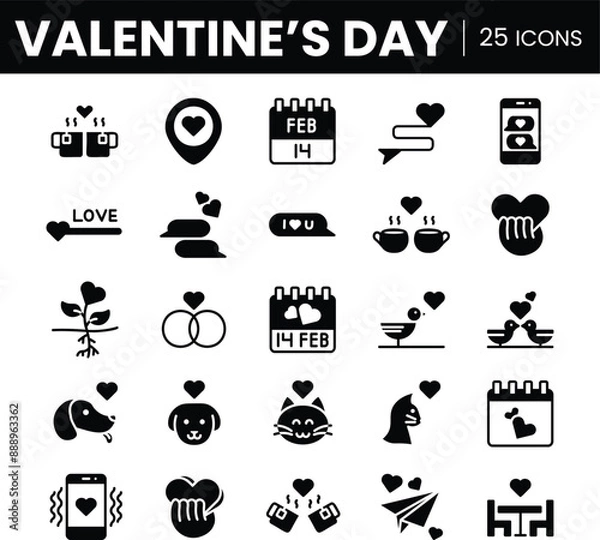 Obraz 25 Valentine's Day Icons - Fill Love Icons, Romance, Dating, Texting animal lover and Celebration Icon Set for Digital and Print Use