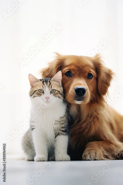 Fototapeta Dog and cat on white background. Shelter pets, animals. Veterinary, zooclinic, goods for animals.