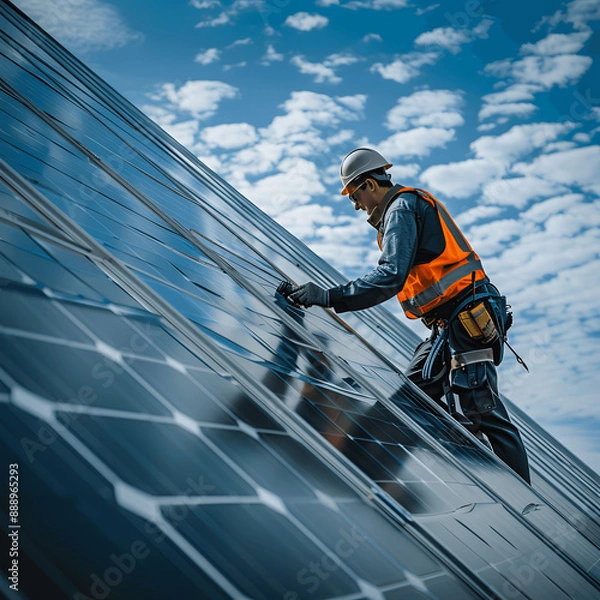 Fototapeta A handyman installing solar panels on the rooftop. Solar power engineer installing solar panels, on the roof, electrical technician at work, alternative renewable green energy generation concept	
