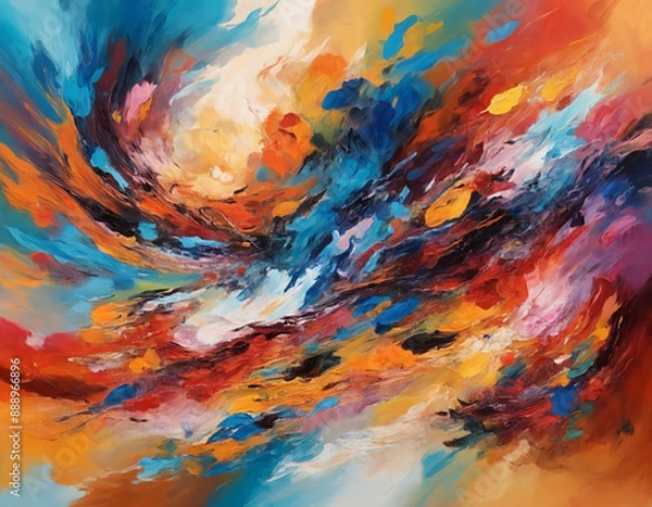 Fototapeta A painting of a colorful swirl with a blue and yellow center