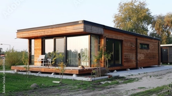 Obraz Finished house with fast construction wooden cladding economical environmentally friendly technology Modern elegant minimalist style passive house with recycled materials Tiny house with a youth