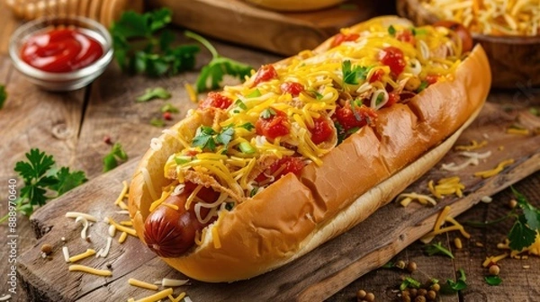 Fototapeta Create a vibrant and impactful image to promote an artisanal Brazilian hot dog course The image should highlight an irresistible Brazilian artisanal hot dog with lots of filling lots of cheese soft b