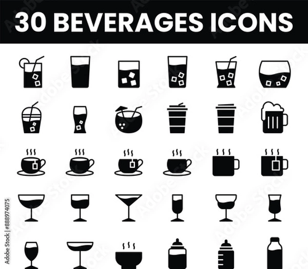 Obraz 30 Minimalist Outline Beverage Fill Icons Set - High-Quality Line Art Illustrations for Drinks, Coffee, Tea, Cocktails, Milk, Soda, Iced Tea, Hot Soup and More