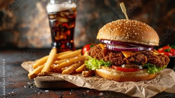 Obraz Fresh Big chicken burger with double cutlet fries and cola on craft paper Fat unhealthy street food Copy space