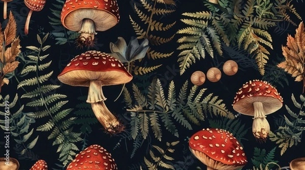Obraz Vintage woodland nature seamless pattern Amanita mushroom fern forest plants witchcraft wallpaper Botanical texture on black background