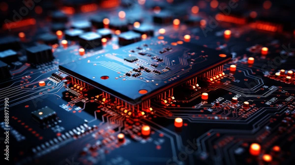 Fototapeta Close-up of electronic circuit board with orange lighting
