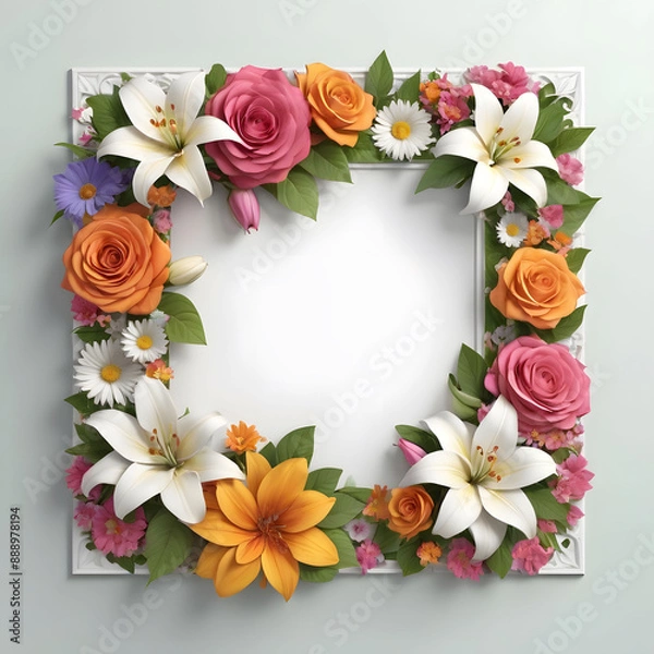Fototapeta A Square Image of Blank White Background bordered by a beautiful detailed floral pattern