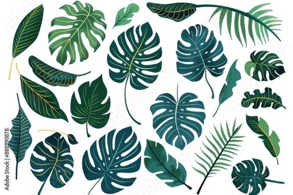 Fototapeta Tropical leaf vector set with monstera and palm plants on a white background, perfect for design projects - Generative ai