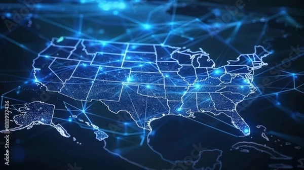 Fototapeta A blue map of the United States with a network of lines connecting the states. The map is filled with dots and lines, giving it a futuristic and technological feel
