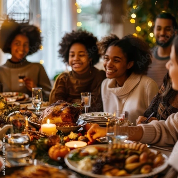 Fototapeta joyful multicultural family gathered around lavish thanksgiving feast warm ambient lighting rich autumn colors focus on connection and gratitude