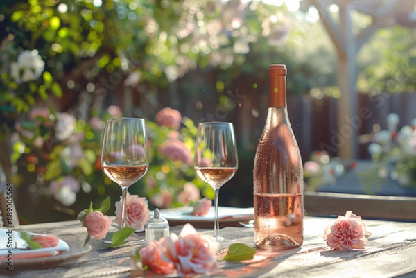 Obraz Bottle of pink wine with glasses on background of holiday garden party, wedding or Valentine.