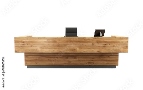 Obraz A modern reception desk crafted from natural wood, featuring two monitors