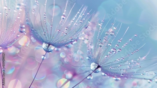 Fototapeta Beautiful dew drops on a dandelion seed macro. Beautiful soft light blue and violet background. Water drops.