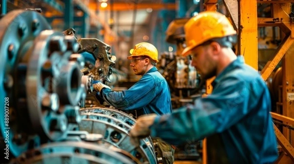 Fototapeta Two workers in hard hats assembling machinery in a factory.