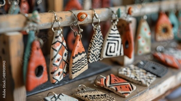 Fototapeta Close-up of artisan handcrafted clay earrings in unique shapes and patterns.