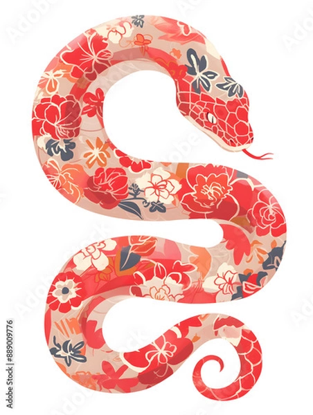 Fototapeta Beautiful bohemian chic snake illustration. Red snake with floral pattern skin. Isolated clipart, artistic design element. Chinese New Year 2025