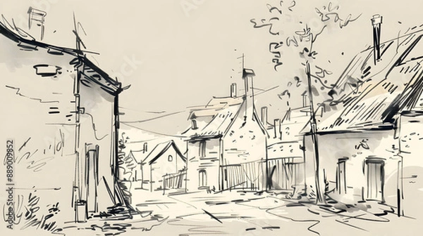 Fototapeta Village: Simple Black Line Sketch